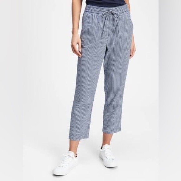 Gap Women's Large V-Easy Pant Bold Navy Stripe White Casual Pull-On Drawstring - Picture 1 of 14